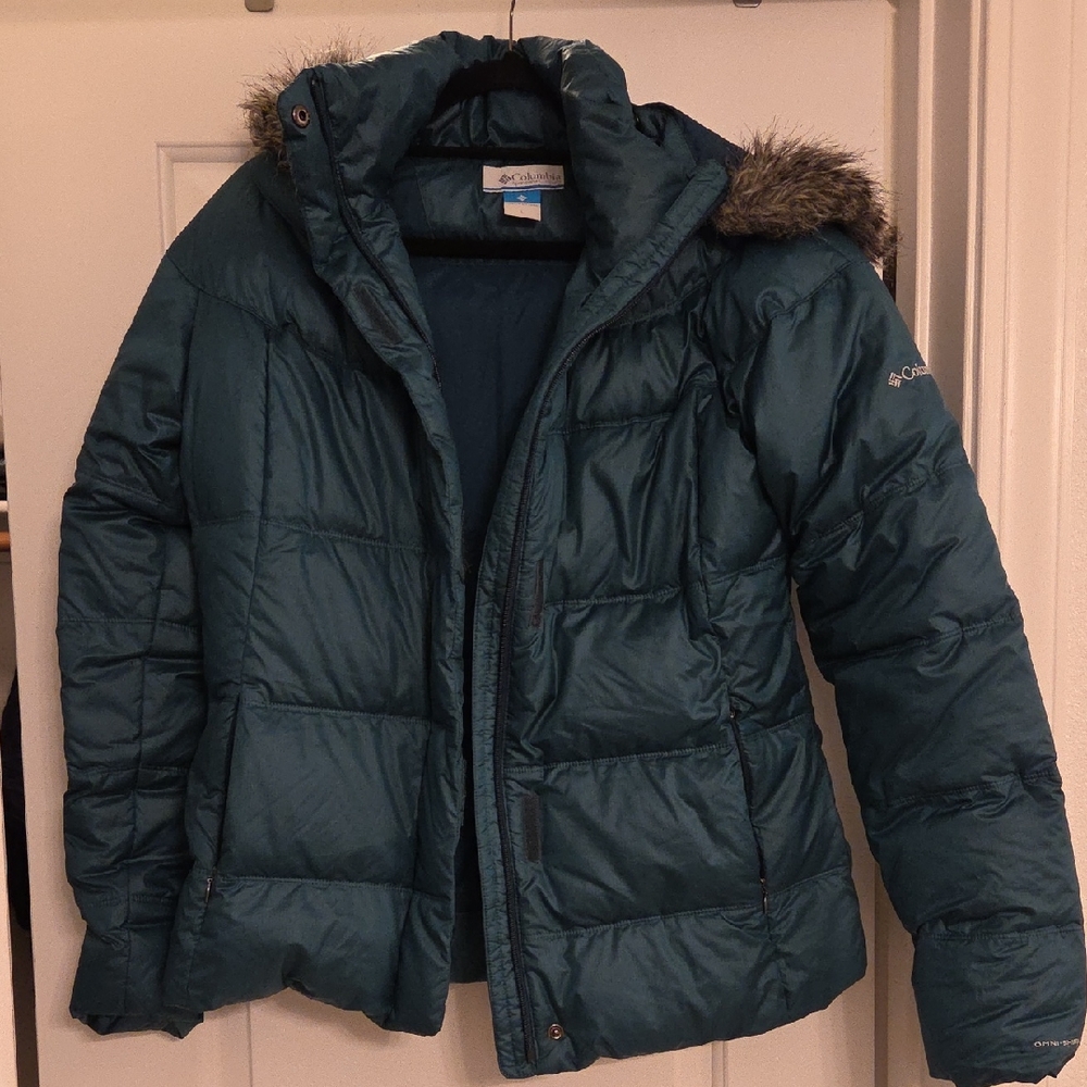 Columbia Teal Green Quilted Puffer Jacket with Faux Fur Trim